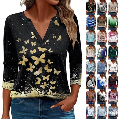 Damska koszulka T-shirt z nadrukiem, rękaw 3/4, codzienny, weekendowy, modny, podstawowy, z dekoltem w kształcie litery V, regularny top