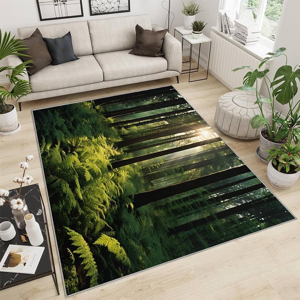 Forest Landscape Print Area Rug Soft Flannel Washable Floor Mat for Living Room Bedroom Entryway Nature Themed Home Decor