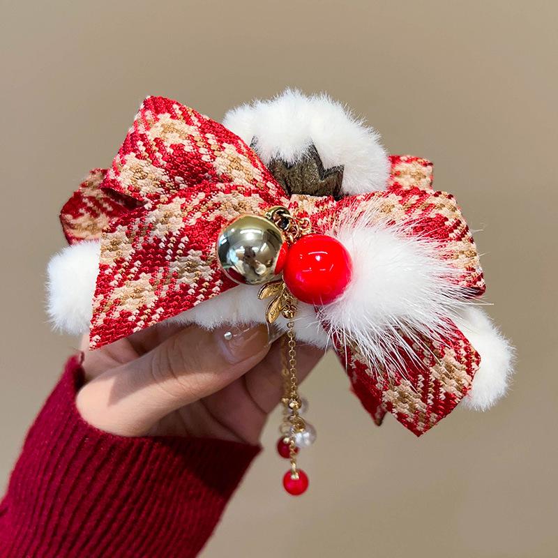 Autumn/Winter Large Pearl Tassel Bow Hair Clip with Plush Shark Design