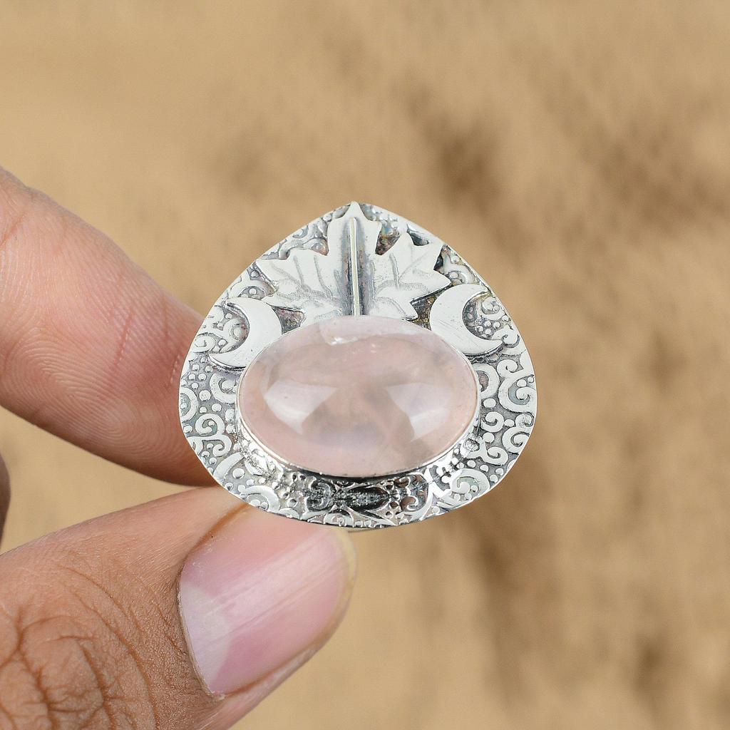 Mothers day Sale 925 Sterling Silver Rose Quartz Stone Cresent Moon Promise Ring