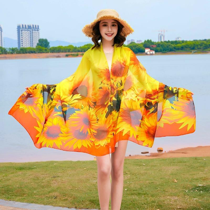 130x200cm Silk Scarf Folral Women Summer Hijab Luxury Print Sunscreen Bandana Foulard Pashmina Scarves Echarpe Shawl Large Wrap