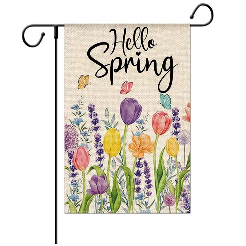 Floral Welcome Garden Flag Double Sided Spring Outdoor Decorative Linen Yard Banner with Letter Print for Porch and Patio