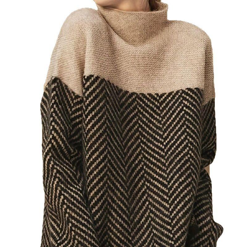 Cross-border autumn and winter stand-up collar contrasting colors loose casual versatile lazy style large size women's knitted sweater