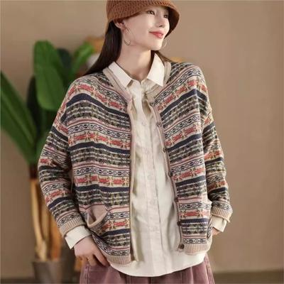 Woman Autumn Niche Vintage Jacquard Long Sleeves Coat Personality O-Neck Chinese Style Retro Knit Coat