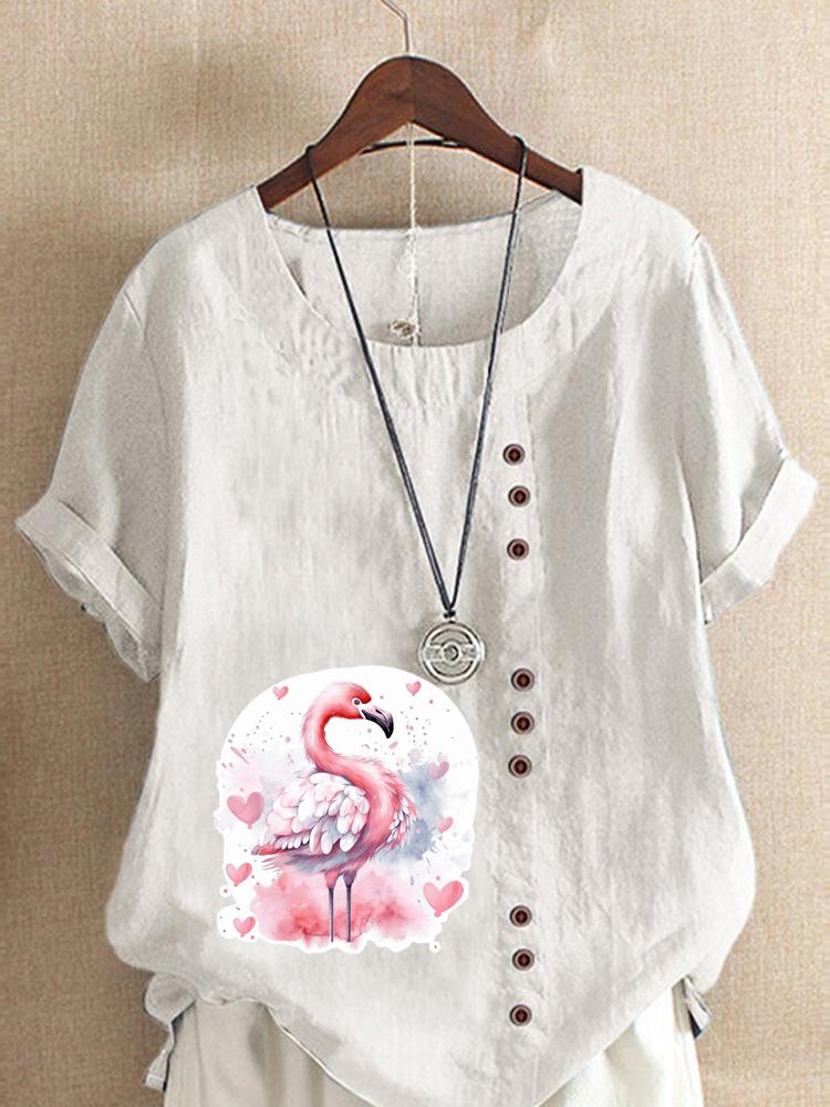 Women's Fashion Love Flame Bird Print Shot Sleeve T-shirt Loose Cotton Shirt Casual Loose Summer Blouse Tops Plus Size