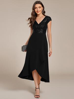 Ever-Pretty Korte Mouw V-Hals Pailletten Asymmetrische Zoom Midi Formele Avondjurk
