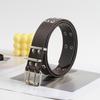 Punk Style Women Men Black Faux Leather Belt With Metal Chain Decor Double Row Buckle Casual Jeans Accessory