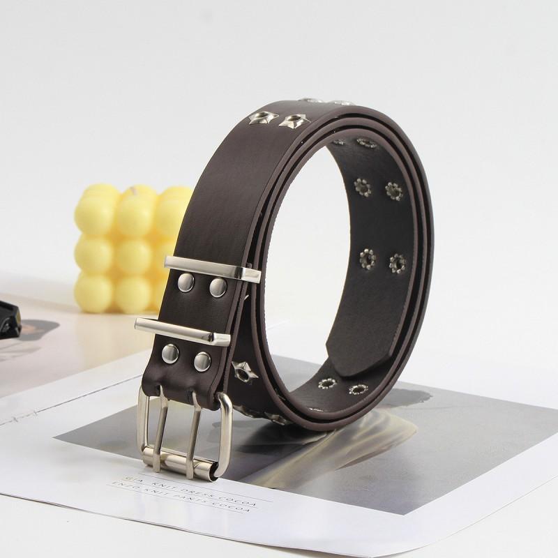 Punk Style Women Men Black Faux Leather Belt With Metal Chain Decor Double Row Buckle Casual Jeans Accessory