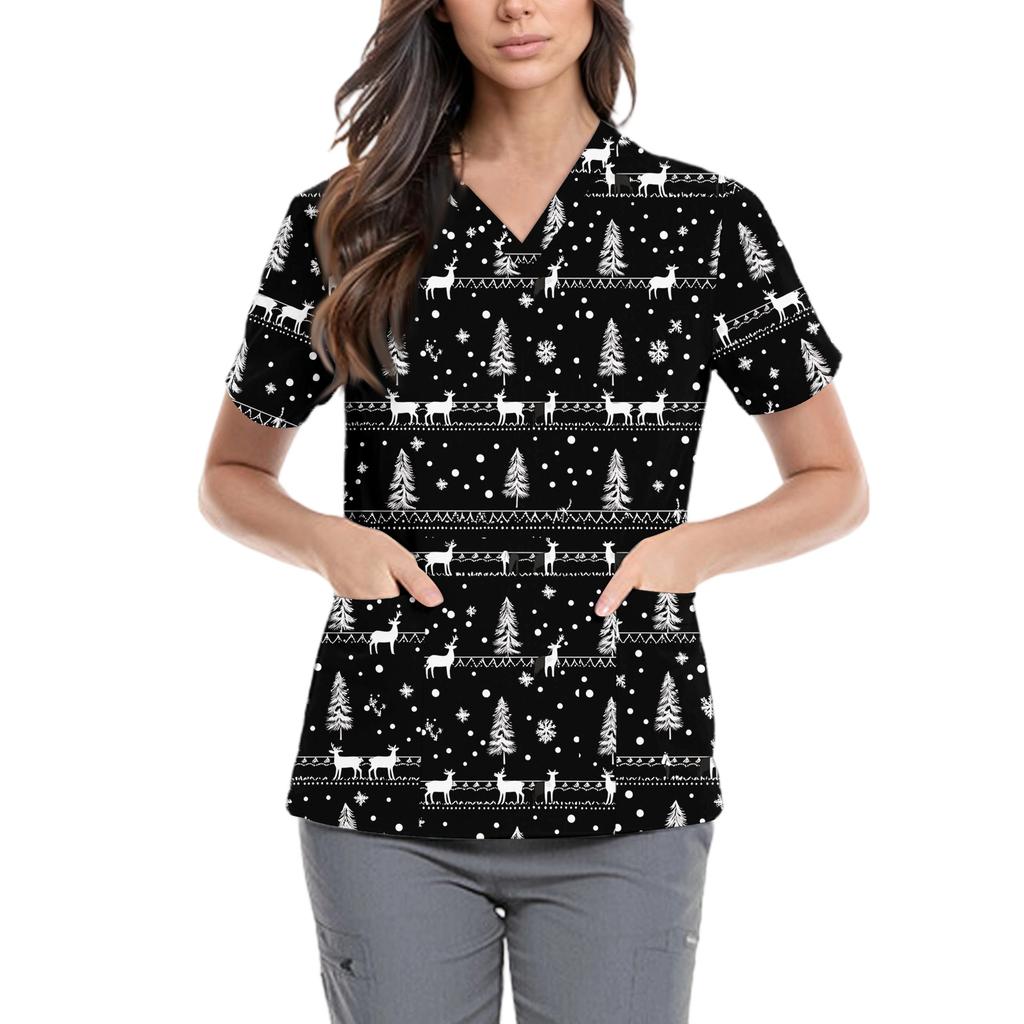 Dame Søt Sløyfe Trykket Arbeidsklær V-hals Dobbelt Lag Lommer Basic Kortermet Topp Pullover