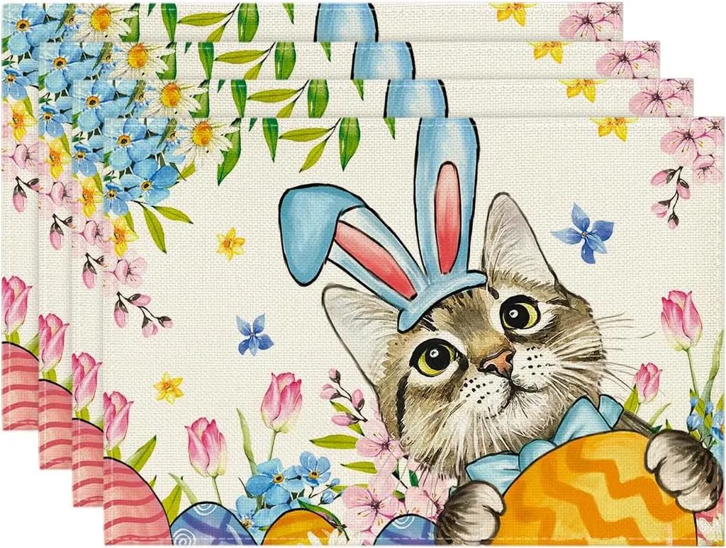 Happy Easter Placemats Set of 4 Bunny Tulip Pink Floral Heat Resistant Washable Farmhouse Place Mats for Dining Table Kitchen