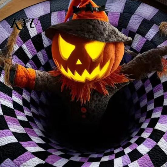 Sezónní sváteční dekorace 3D kulatý Halloween koberec, Strašidelný kostlivec Optická iluze Plošný koberec, Jedinečné vizuální rohože Prošívaný strašidelný hloubka Neklouzavý koberec