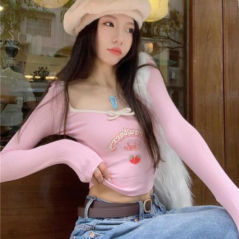 2KWEIRD Sweet Crop Tops Fashion Summer Tshirts for Women Long Sleeve Square Collar Print Tees Tunic Casual Y2k T Shirt