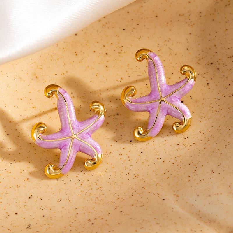 Exaggerated Starfish Drip Oil Earrings: European & American Style Stainless Steel Studs for Women