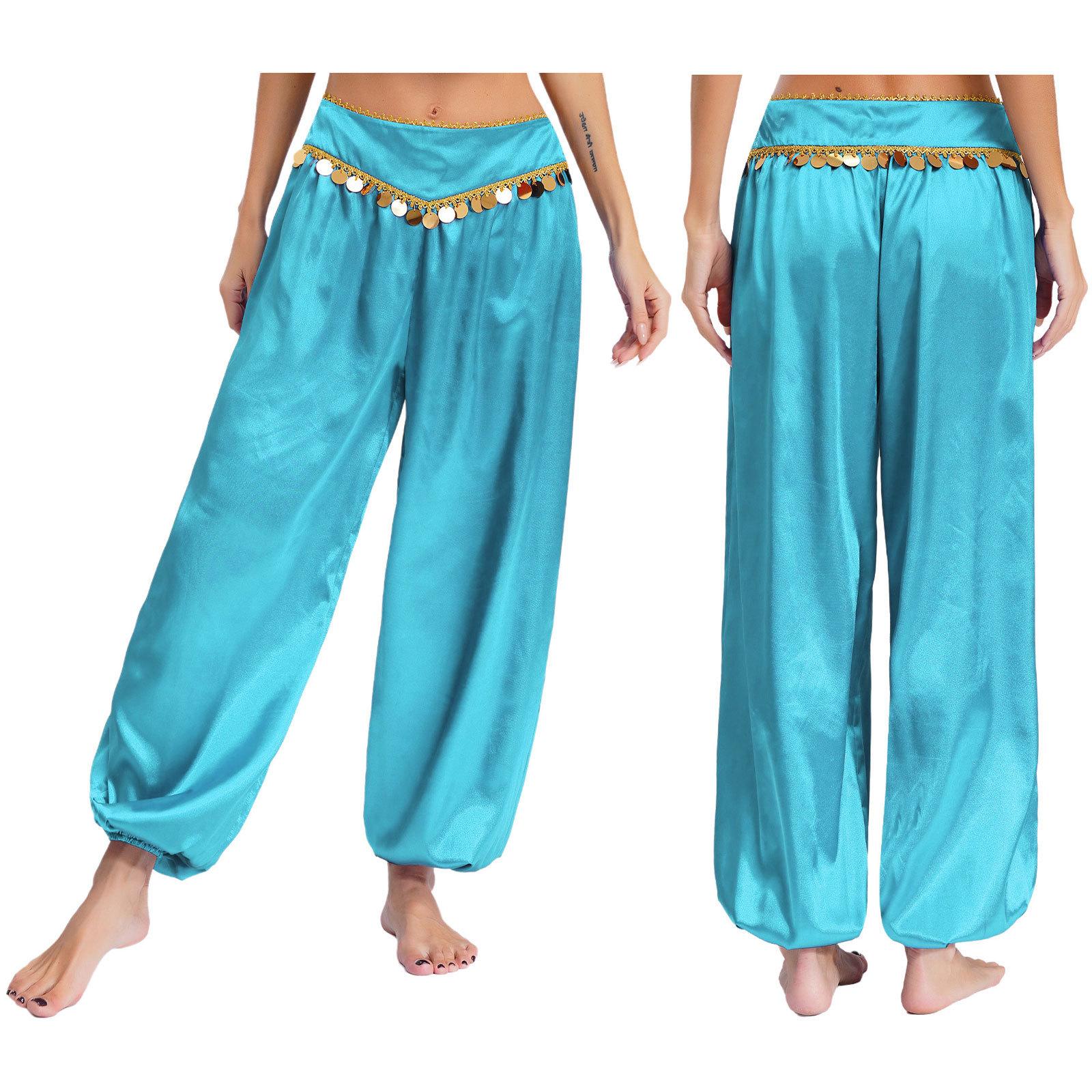 

Womens Belly Dance Pants Low Waist Sequins Loose Harem Pants Baggy Design Halloween Arabian Performance Costume S небо синє кольору