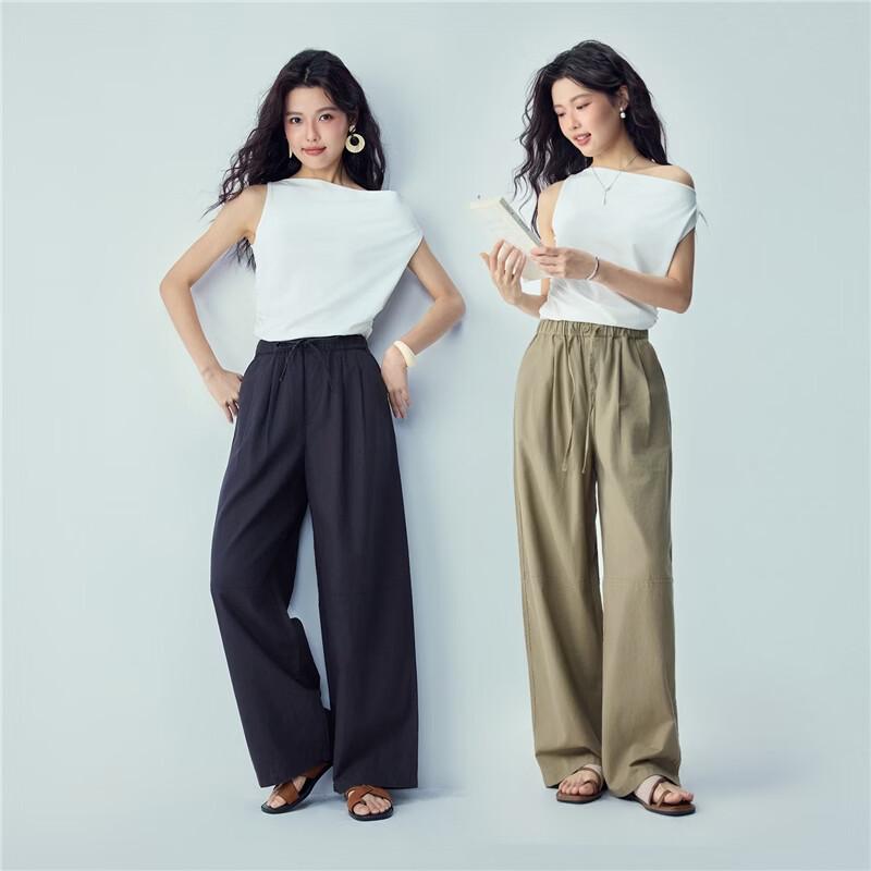 Giordano Women's Loose Straight Elastic Waist Cotton Linen Pants