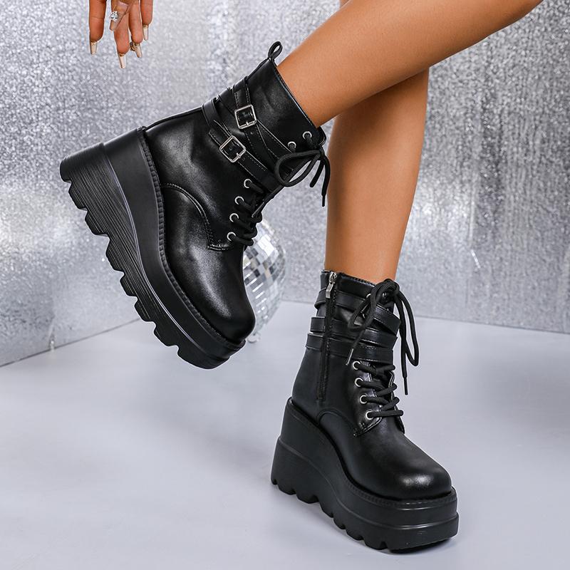 Fashion Gothic Punk Platform Boots for Women Fashion Double Buckle Wedge High Heel Ankle Boots Woman Thick Bottom Black Combat Booties