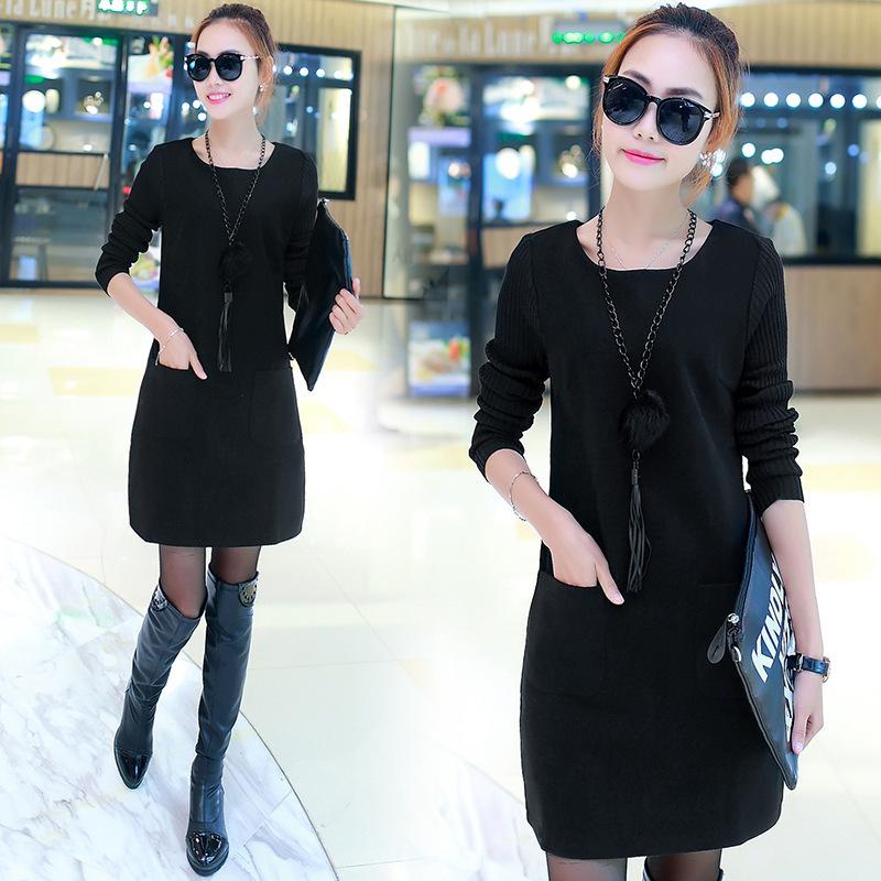 Women's Round Neck Long Sleeve A-Line Midi Dress Mid Waist Casual Fake Two Piece Solid Color Patchwork Winter Work Dress