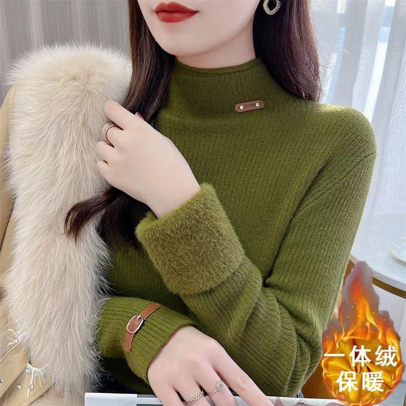 Autumn and Winter Sweater Solid Color Winter Base Knitted Sweater Women's Plush Knitted Velvet Inner High Collar