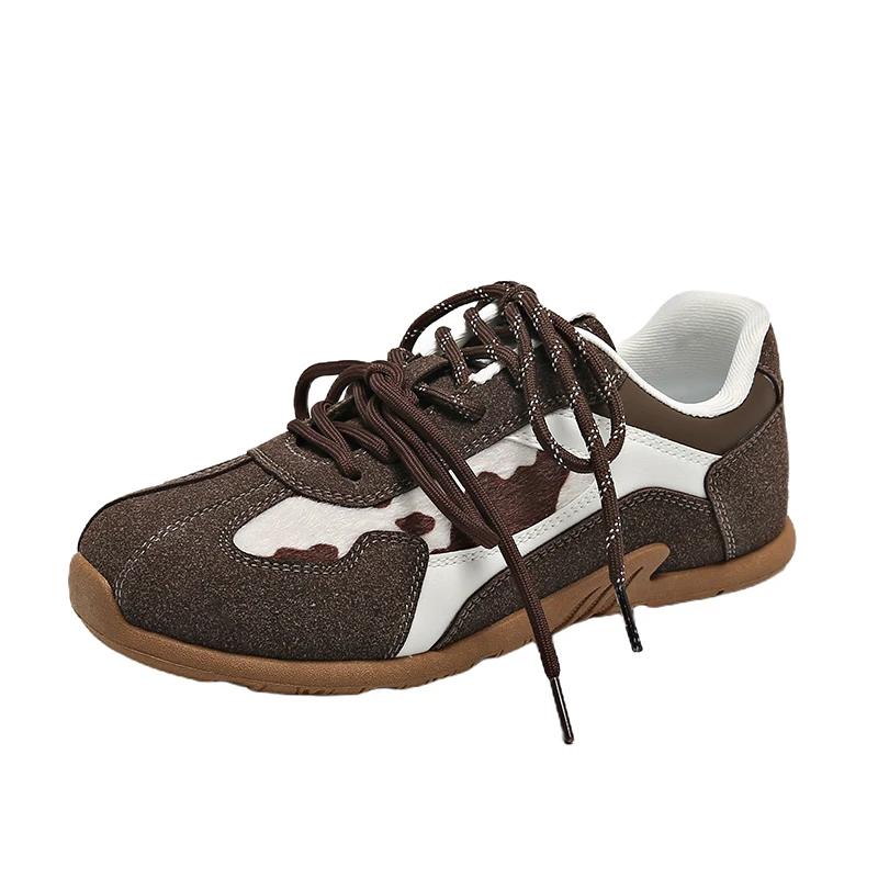 Women Round Toe Leopard Print Flat Lace-up German Training Lace Up Casual Sport Shoes Outdoor Running Vulcanized Shoe