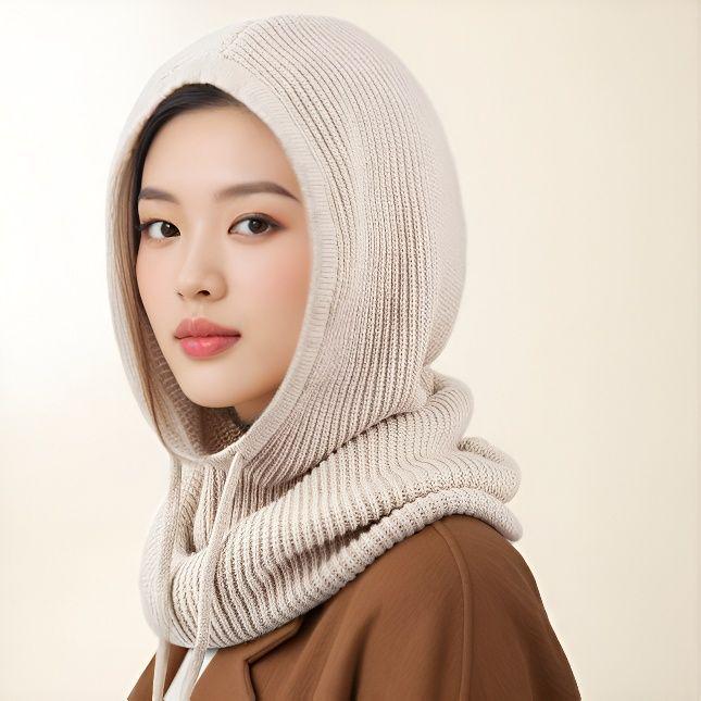 Europäischer Strick-Wollmützen- und Schal-Set für Damen - Mit Kapuze, Ohrenschützend, Verdickter Nackenschal für Herbst/Winter.