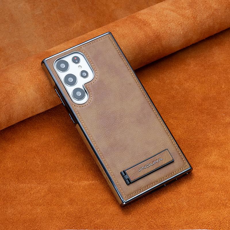 Suitable for Samsung S24uItra Mobile Phone Case Bracket Electroplated Leather S23plus Full-inclusive Business S24 Anti-fall Cover