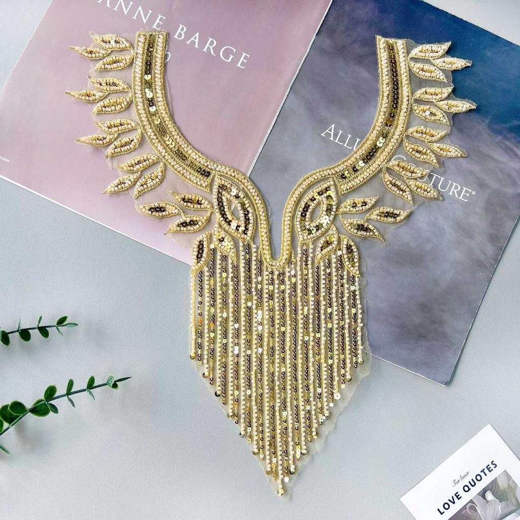 Heavy Industry Gold V-Neck Handmade Beaded Tassel Sequins Front Neck Clothing Evening Dress Decorative Cloth Stickers Accessories