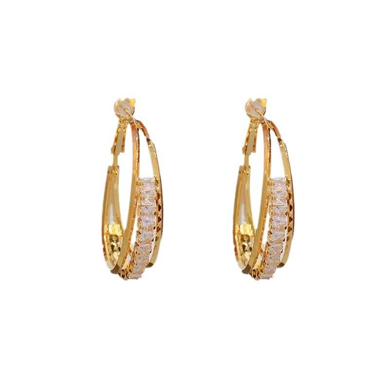 New trendy light luxury high-end metal ring earrings women's silver needle super flash crystal ear jewelry