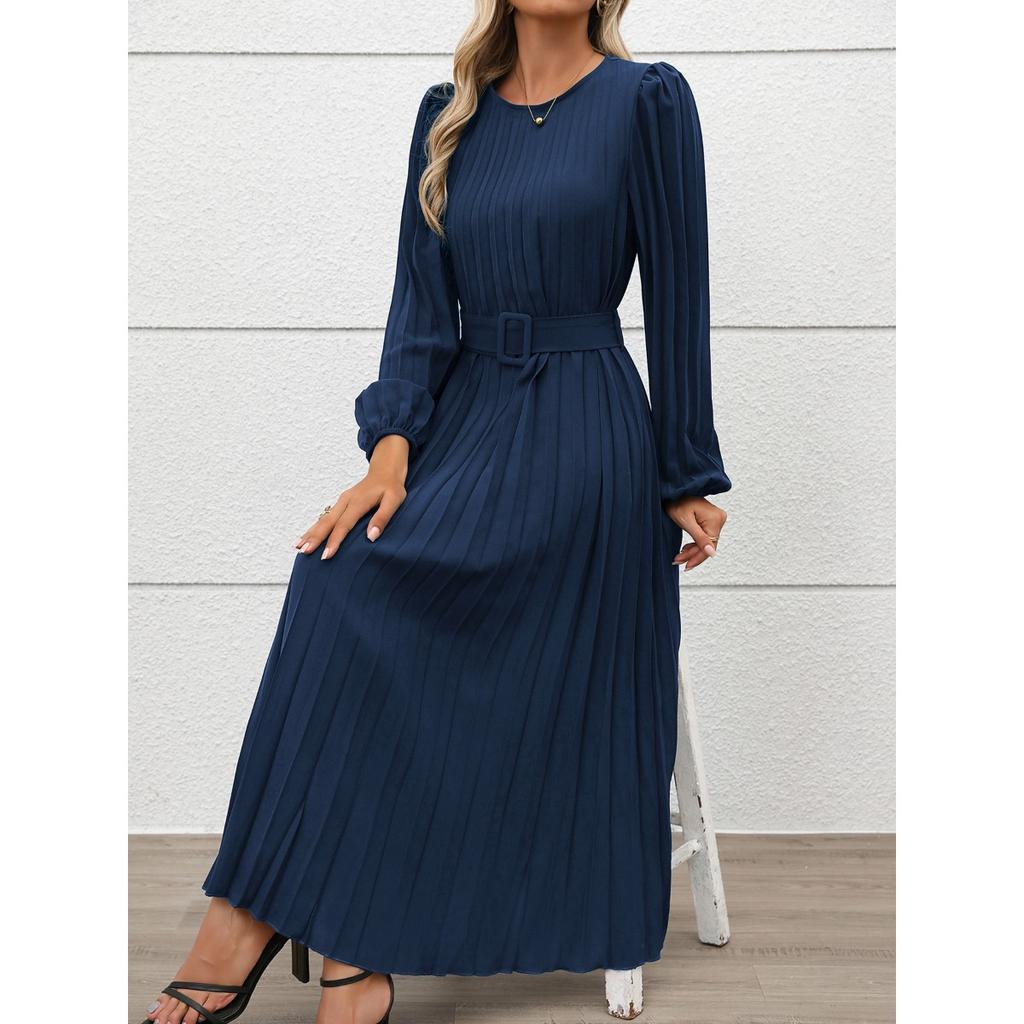 New Autumn Elegant Vintage Solid Color Pleated Long Sleeve Work Dress