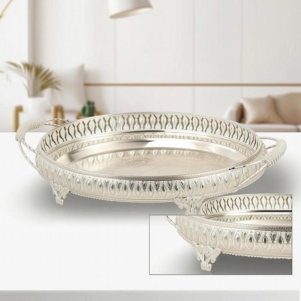 Mirrored Tray with Handles Openwork Decorative Cutout Rim SilverColored Metal Serving Platter