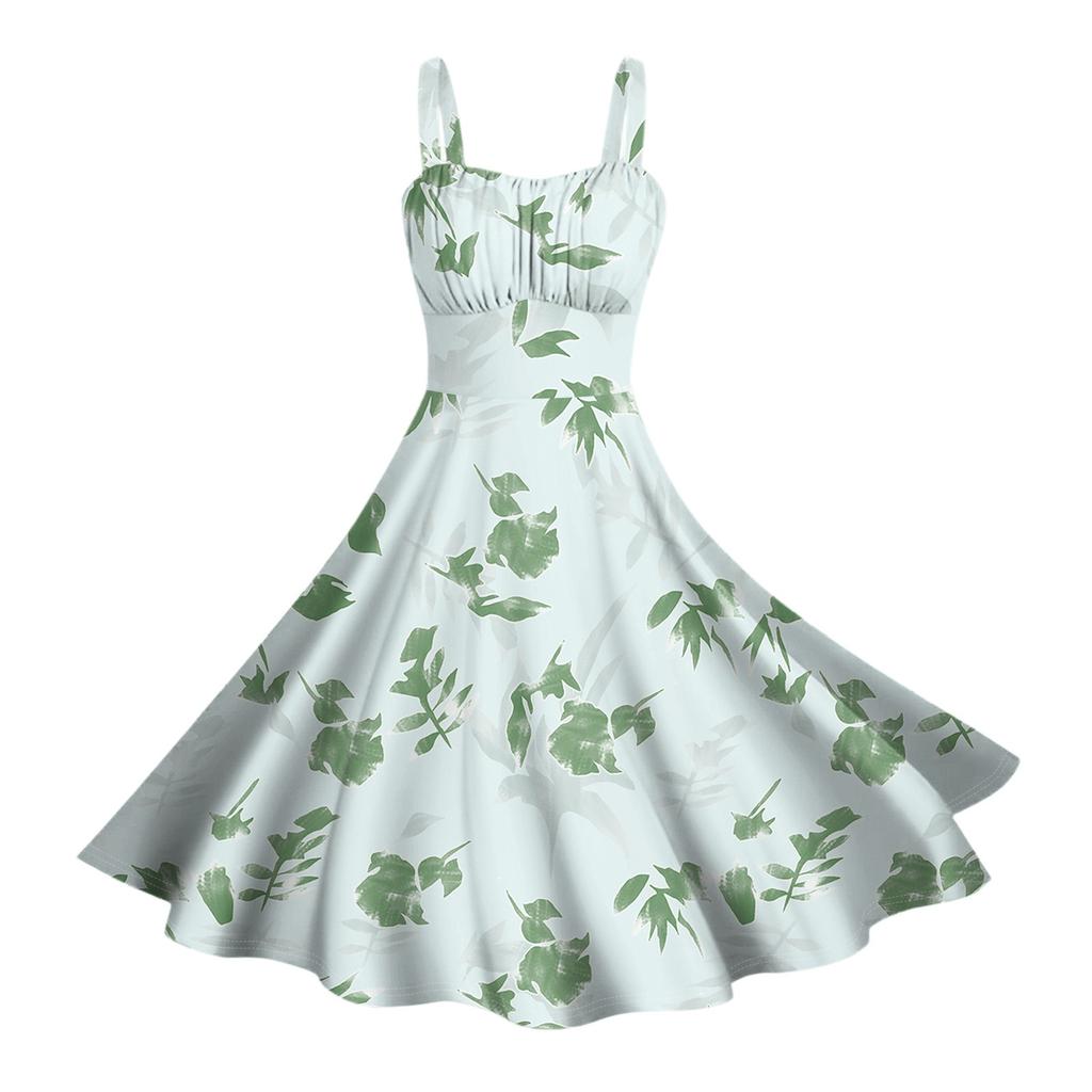 Damen Vintage Ärmellos Plissiert Patchwork Niedlich A-Linien Saum Blumendruck Kleider