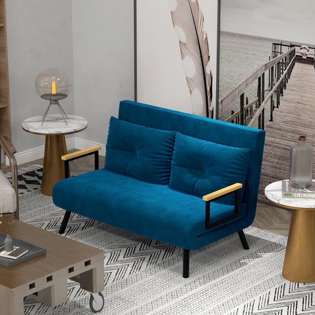 Sleeper Sofa 2-Seater Sofa Velvet Sofa, Sleep Function, Incl. 2 Cushions, Velvet Look, Natural + Blue