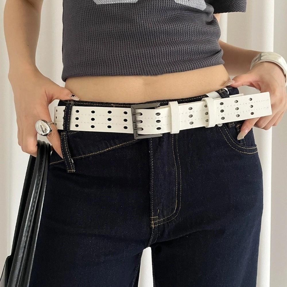 Versatile Leather Waistband Y2k Women's Dress Jeans Belt Gothic Three-Row Wide Belt  Streetwear