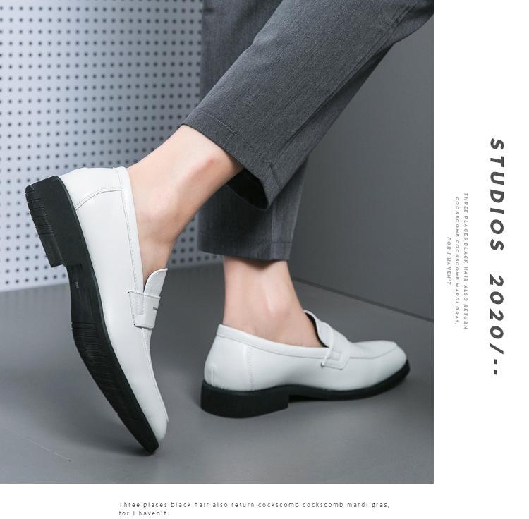 Men's European & American Large Size Color Block Slip-On White Leather Loafers, Korean Style Casual Shoes