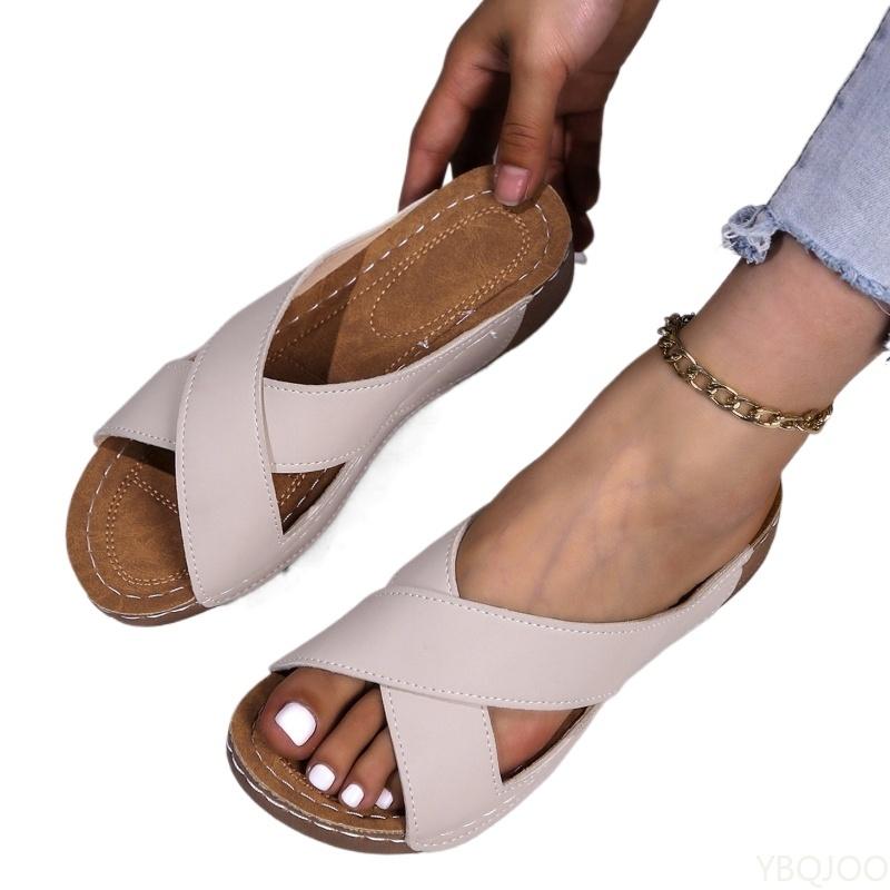 Fashion New Cross Strap Thick Soled Shoes Outdoor Solid Color Wedge Ladies Slippers Retro Beach Sandals Simple Comfortable Women's Shoes