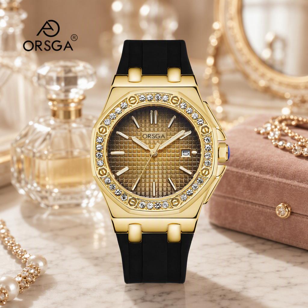 Diamantlünette Quarz-Armbanduhr Silikonarmband Trendig Leuchtend Wasserdicht Datum Elegante Damen-Kleideruhr