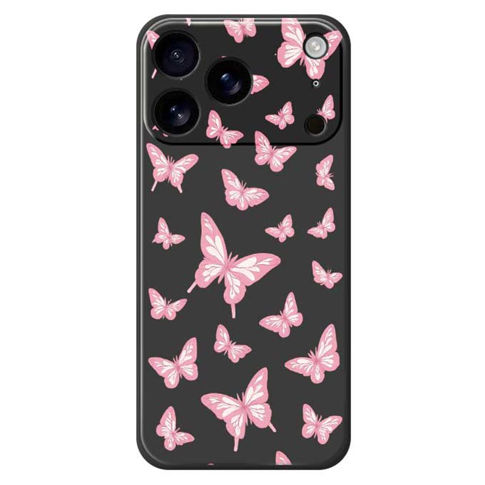 

For iPhone 17 Pro Case Pink Butterflies Pattern Printing Straight Edge TPU Phone Back Cover Black