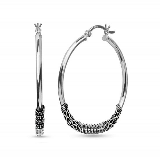 LeCalla 925 Sterling Silver Jewelry Oxidized Balinese Click-Top LARGE Hoop Earrings for Women Teen 60mm