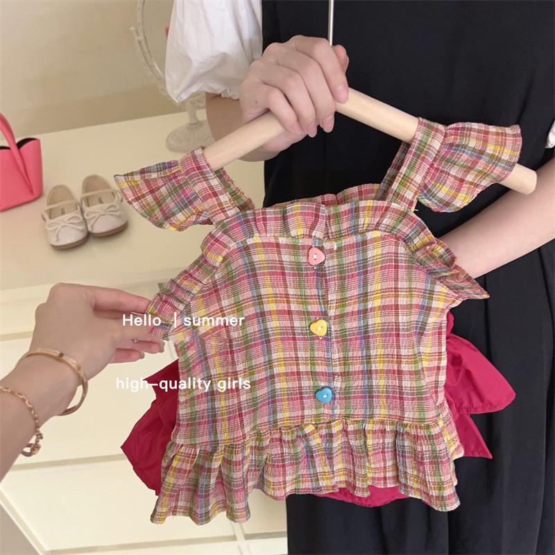 Adorable Korean Style Girls Cotton Two Piece Set For Summer With Sweet Checkered Design