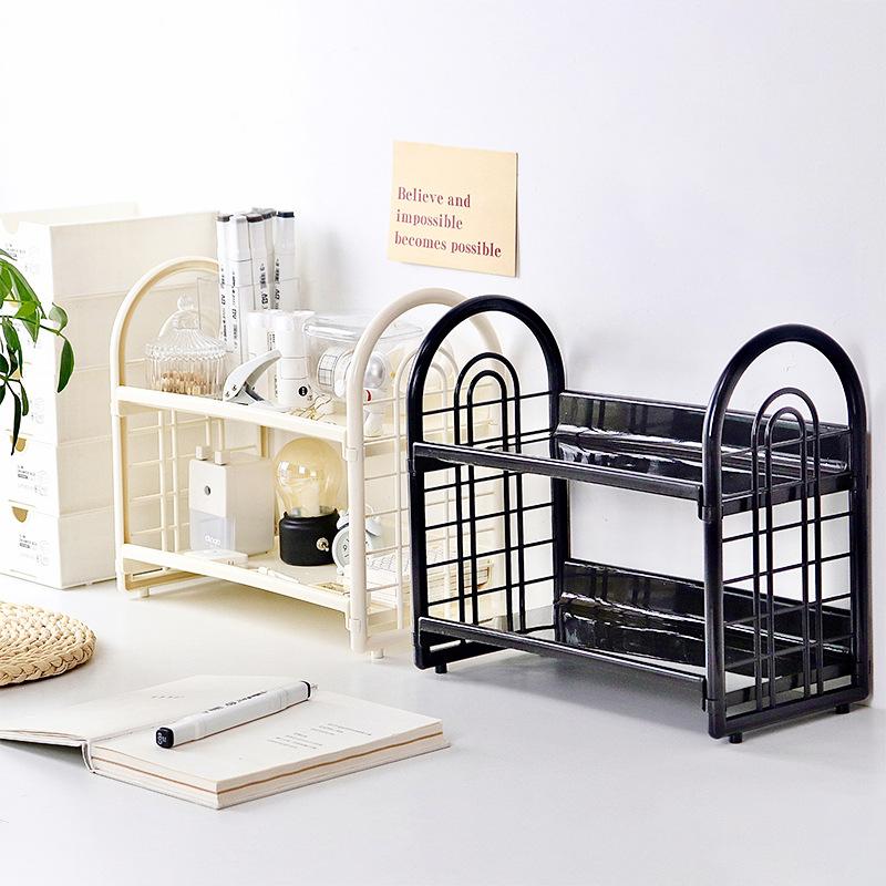 2-Tier Hollow Out Desktop Storage Rack | Retro Style Plastic Organizer Shelf For Kitchen/Bathroom/Office