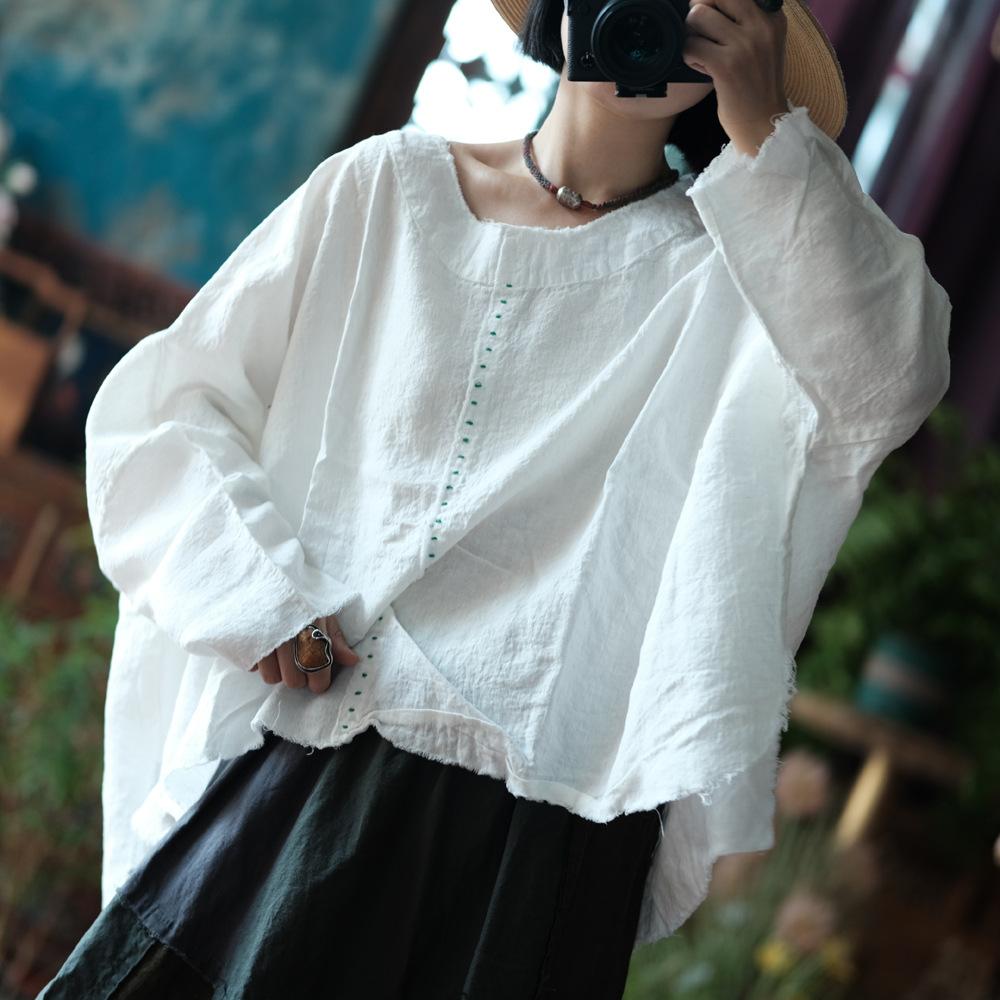 Johnature Women White T-Shirts Embroidery Solid Color Long Sleeve Tees O-Neck Autumn Chinese Style T-Shirts