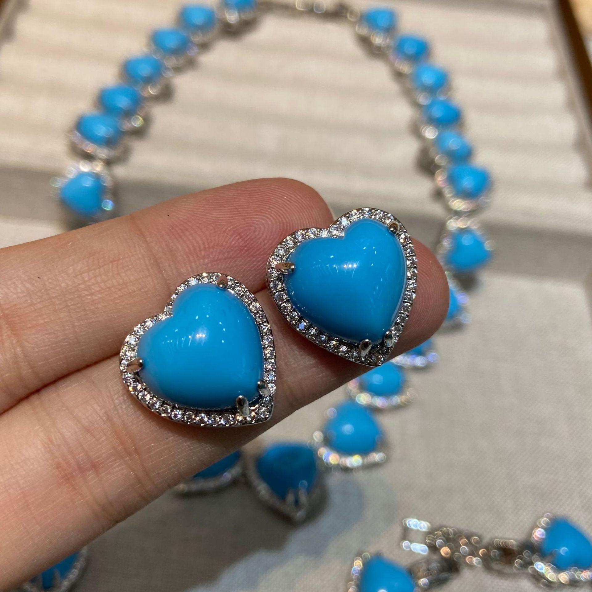 Necklace Bohemian Zircon Blue Turquoise Love Stud Earrings Necklace Women With Skirt Set