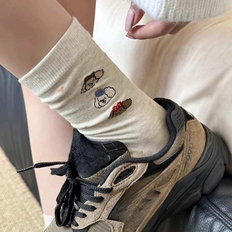 Little Dog Embroidered Socks, Pure Cotton Mid-calf Socks for Women, Boneless Anti-poughing, Cute Cartoon Pile Socks