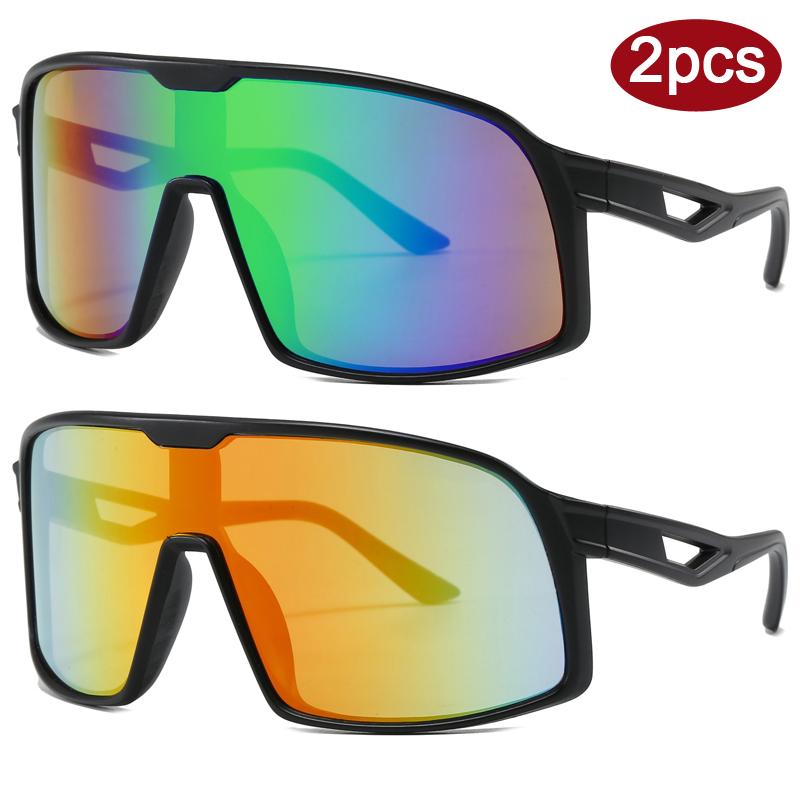2pcs New Cycling Large Frame Outdoor Sports Sunglasses Full Frame One-piece Sun Glasses Men Women Driving Fishing UV400 Goggles