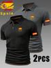 2pcs Spain Pattern Men's Outdoor Golf Casual Polo Shirt with Short Sleeves & Color Block, Men's Work Shirts for Business Casual for Spring and Summer