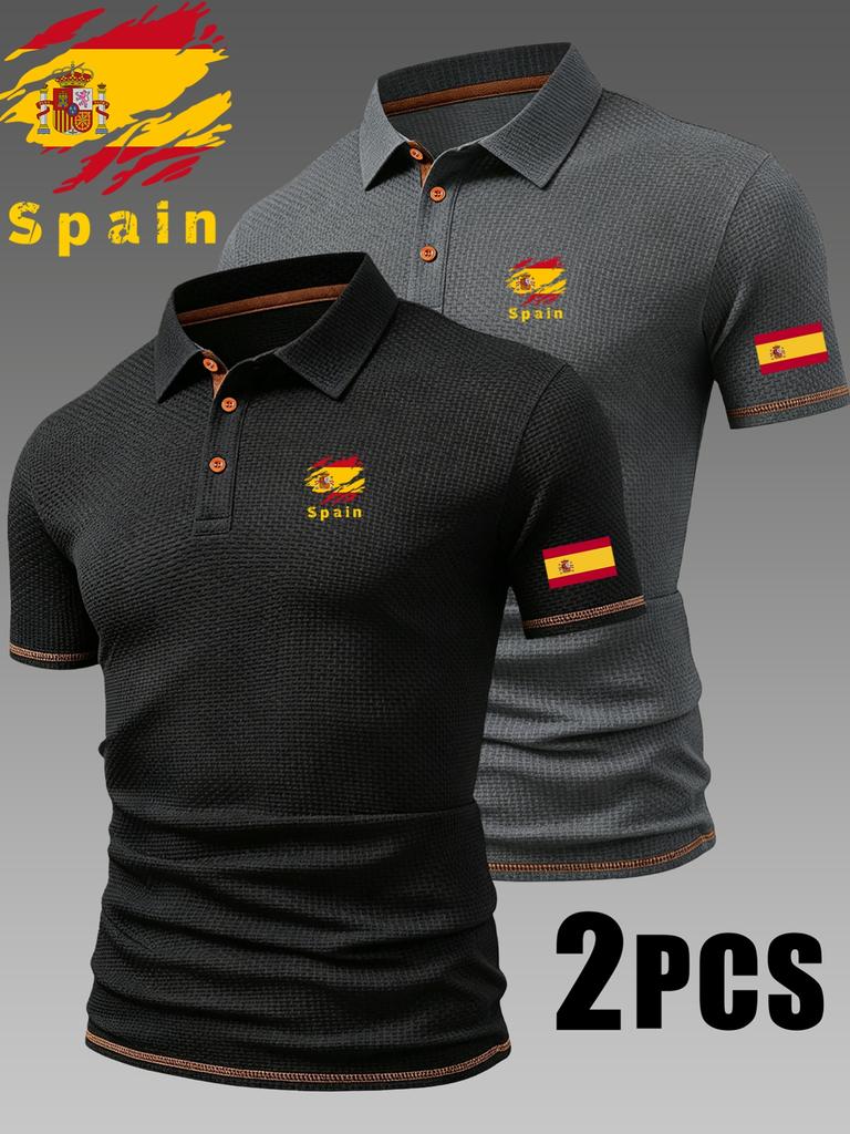 2pcs Spain Pattern Men's Outdoor Golf Casual Polo Shirt with Short Sleeves & Color Block, Men's Work Shirts for Business Casual for Spring and Summer