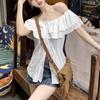 Women's Off Shoulder Short Sleeve Shirt Loose Fit Solid Color Ruffle Trim Single Breasted Blouse 2026 Summer Plus Size Slim Sweet Spicy Casual Top
