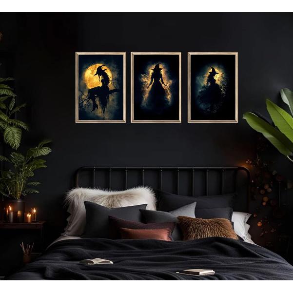 3 Pcs Vintage Witches Wall Art Witch in The Fores Halloween Painting Picture Wall Decor Gothic Dark Academia Poster Print Artwork for Gallery Party