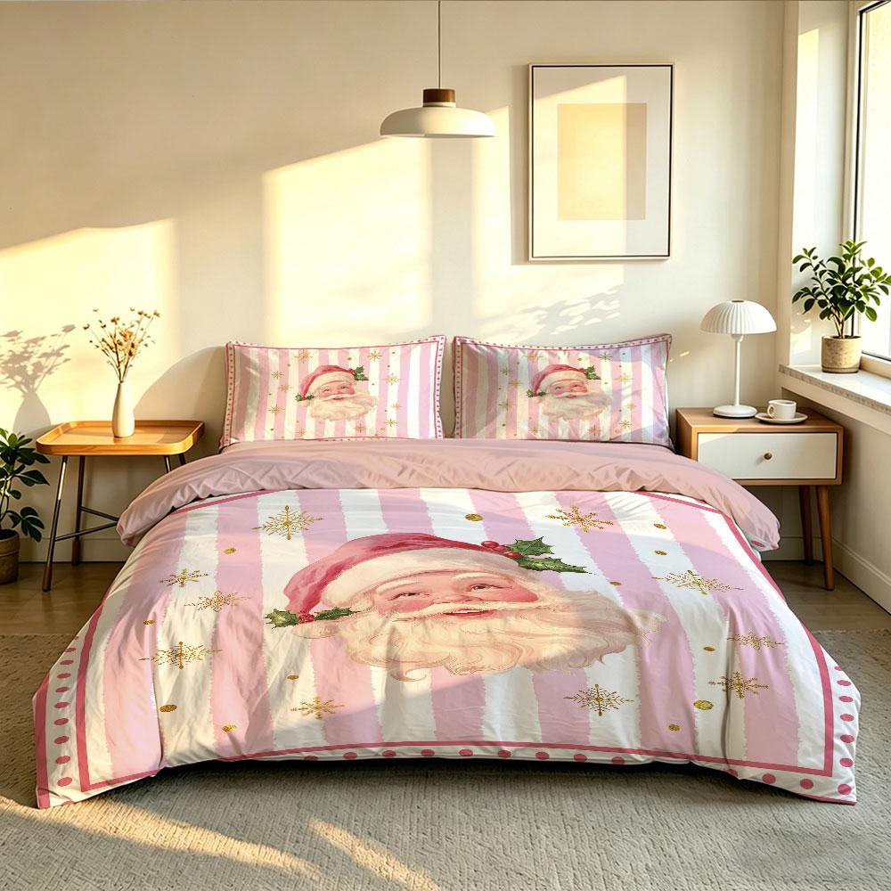 3pcs Set(1 Bedspread + 2 Pillowcases) with Pink Striped Background and Santa Claus Head Pattern Perfect for Home Decoration