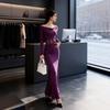 Lace Splicing Purple Swing Neck Long-sleeved Dress Women's Spring and Autumn Body Fishtail Skirt Pure Desire Wind Hip-wrapped Long Dress