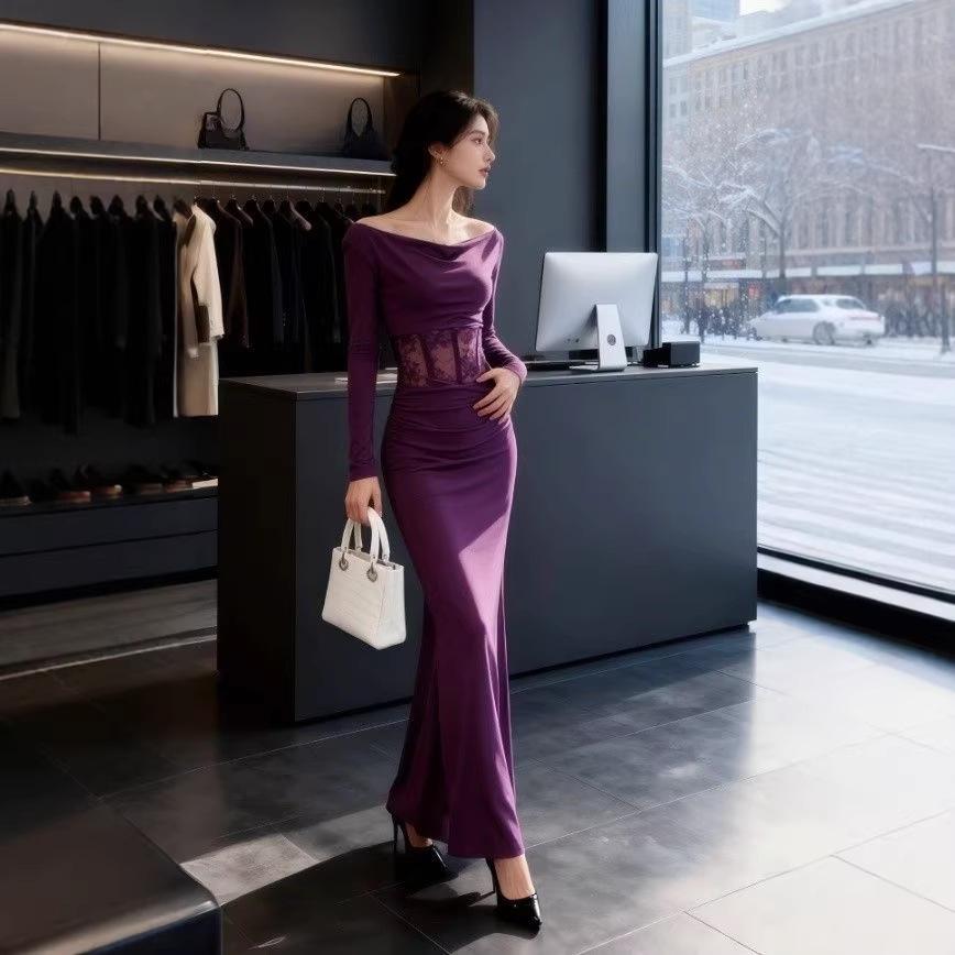Lace Splicing Purple Swing Neck Long-sleeved Dress Women's Spring and Autumn Body Fishtail Skirt Pure Desire Wind Hip-wrapped Long Dress